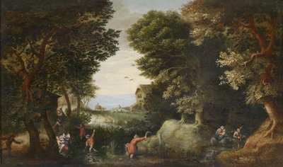 Bewaldete Landschaft mit Latona, die die lykischen Bauern in Frösche verwandelt von Pieter Schoubroeck